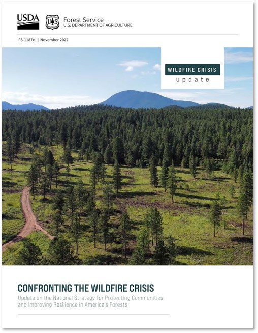 Cover page of the Forest Service document, "Confronting the Wildfire Crisis." Cover image is a forested landscape with mountains in the background.