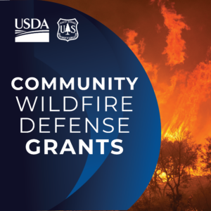 Image of flames with the words Community Wildfire Defense Grant